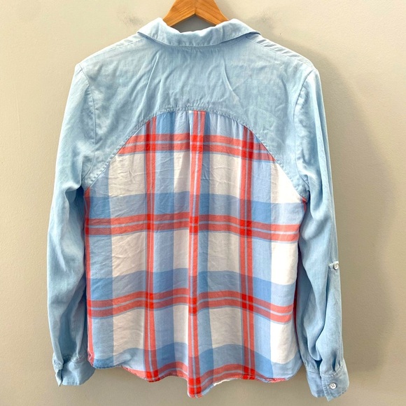 Tribal Women’s Lightweight Western Plaid Back Chambray Button Down Casual Top - Picture 1 of 3